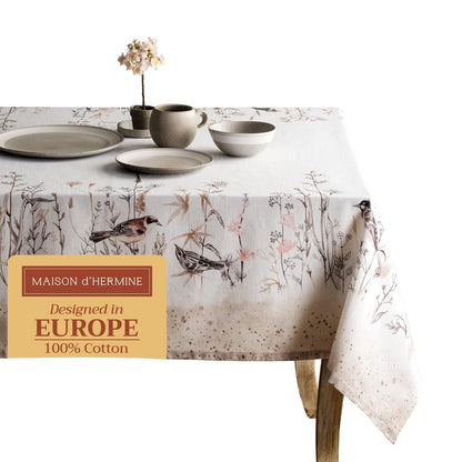 Maison d' Hermine Table Cloth Rectangle Table 100% Cotton 70 x 108 Inches Tablecloth Reusable Decorative for Dining Kitchen Farmhouse Home Gifts for Mothers Day Spring Summer- Meadow Florals - Brown