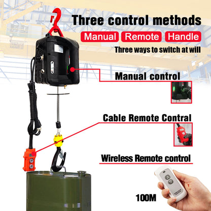 Electric Hoist Winch 3 in 1,1100lbs Electric Hoist 110 Volt 1500W Portable Electric Winch with Remote Control/Manual/Cable,Chain Hoist Overload Protection 25ft Lifting Height for Towing&Copper Motor