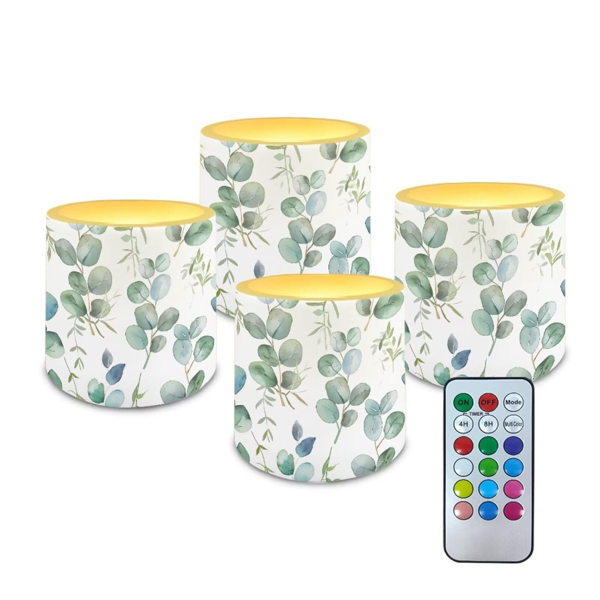 Cozeyat Green Leaves Waterproof LED Flameless Candles 4 Pack Battery Powered with Remote Control Timer Flickering Pillar Candles for Indoor Outdoor Home Decor