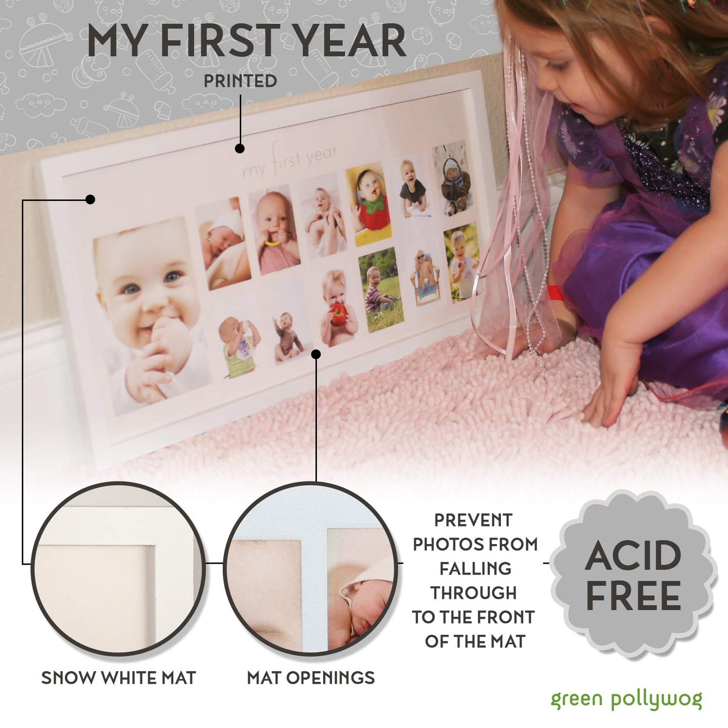 Green Pollywog | Baby's First Year Frame | Collage Frame For Baby In White | 12 Month Picture Frame | Milestone Photos | First Year Picture Mat | My First Year Photographs