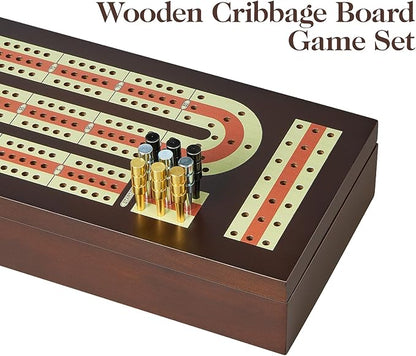 Cribbage Board Game Set Continuous 3 Track Wooden Board with Magnetic Lock 9 Metal Pegs 2 Playing Cards Large Storage Area Travel Portable Travel Cribbage Boards for Adult Child