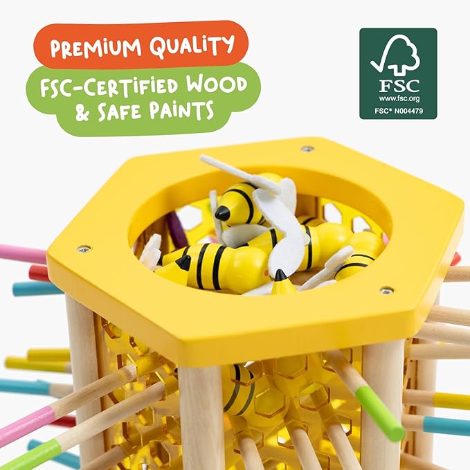 Nene Toys BeeFall Jumbo 4-in-1 Wooden Honey Bee Toy for Kids Ages 3-9 - Educational Game with Wooden Honeybee Hive 12 Bees Colorful Sticks Dice &amp Cards - Fun Family Game for Cognitive Developm