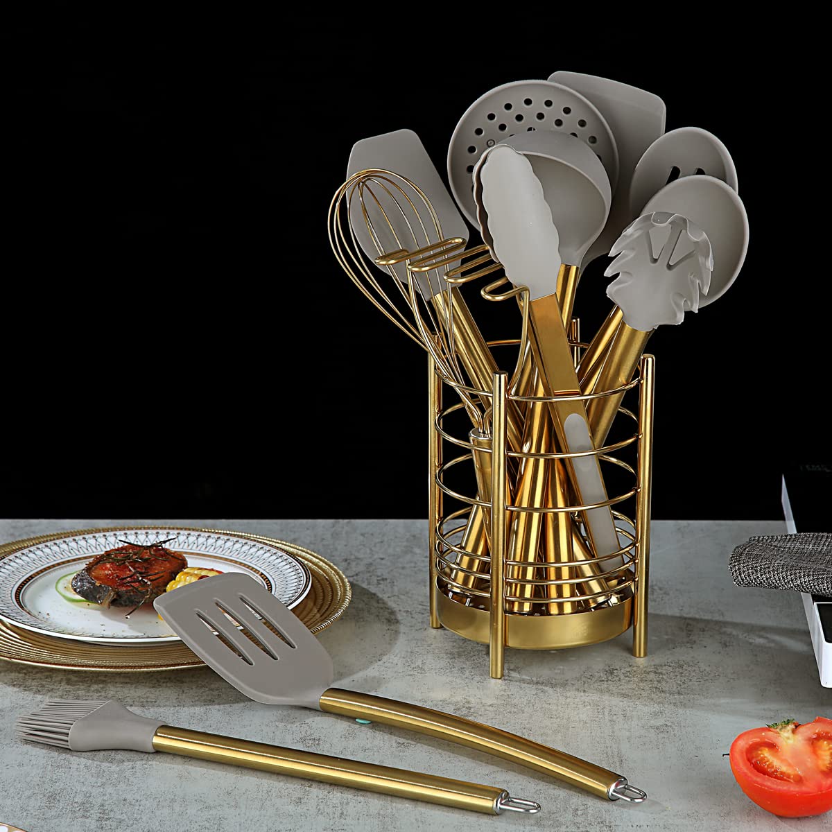 Gold Kitchen Utensils Set, Berglander 38 Pieces Non-stick Silicone Cooking Tools Spoon Spatula Set With Sturdy Stainless Steel Utensil Holder, Dishwasher Safe