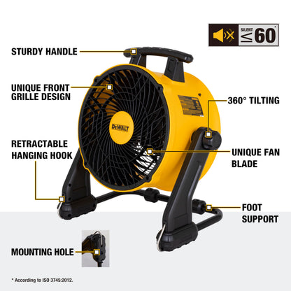 DEWALT 16 Inch Floor Fan, 360° Adjustable Tilting Airflow Fan, 3-Speed 4000 CFM Max, Hook Hangable, Wall Mount for Garage, Basement, Gym, Heavy Duty Barrel Shop Fan DXF1616