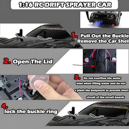 1:16 RC Drift Car 2.4GHz Spray 4WD LED Lights 30+KM/H High Speed Remote Control Car 2 Batteries 60Min Infinitely Variable Speed Drift Car Toys for Adults and Kids (Black 1:16)