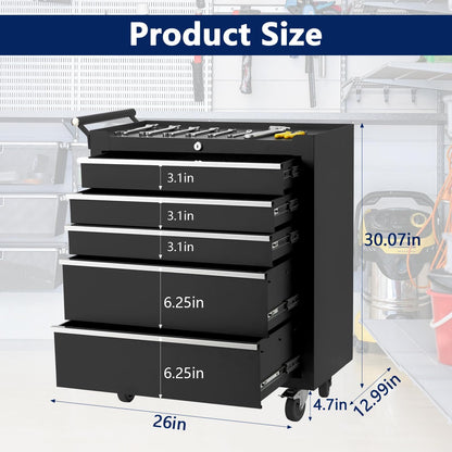 SierraSquad Rolling Tool Chest with Wheels, 5-Drawer Tool Storage Cabinet, Portable Tool Box Organizer with Locking System & Drawer Liners, Tool Cart for Garage Workshop, Black
