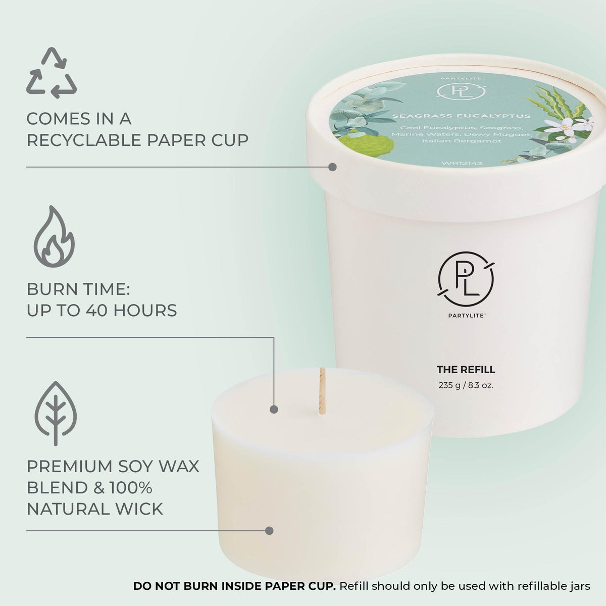 PartyLite Seagrass Eucalyptus Scented Candle Refill, Notes of Eucalyptus, Lemon, Seagrass & Driftwood, 10oz 1-Wick, up to 40 Hours of Luxury, Aromatherapy, Sustainable Premium Soy Wax