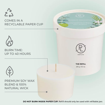 PartyLite Seagrass Eucalyptus Scented Candle Refill, Notes of Eucalyptus, Lemon, Seagrass & Driftwood, 10oz 1-Wick, up to 40 Hours of Luxury, Aromatherapy, Sustainable Premium Soy Wax