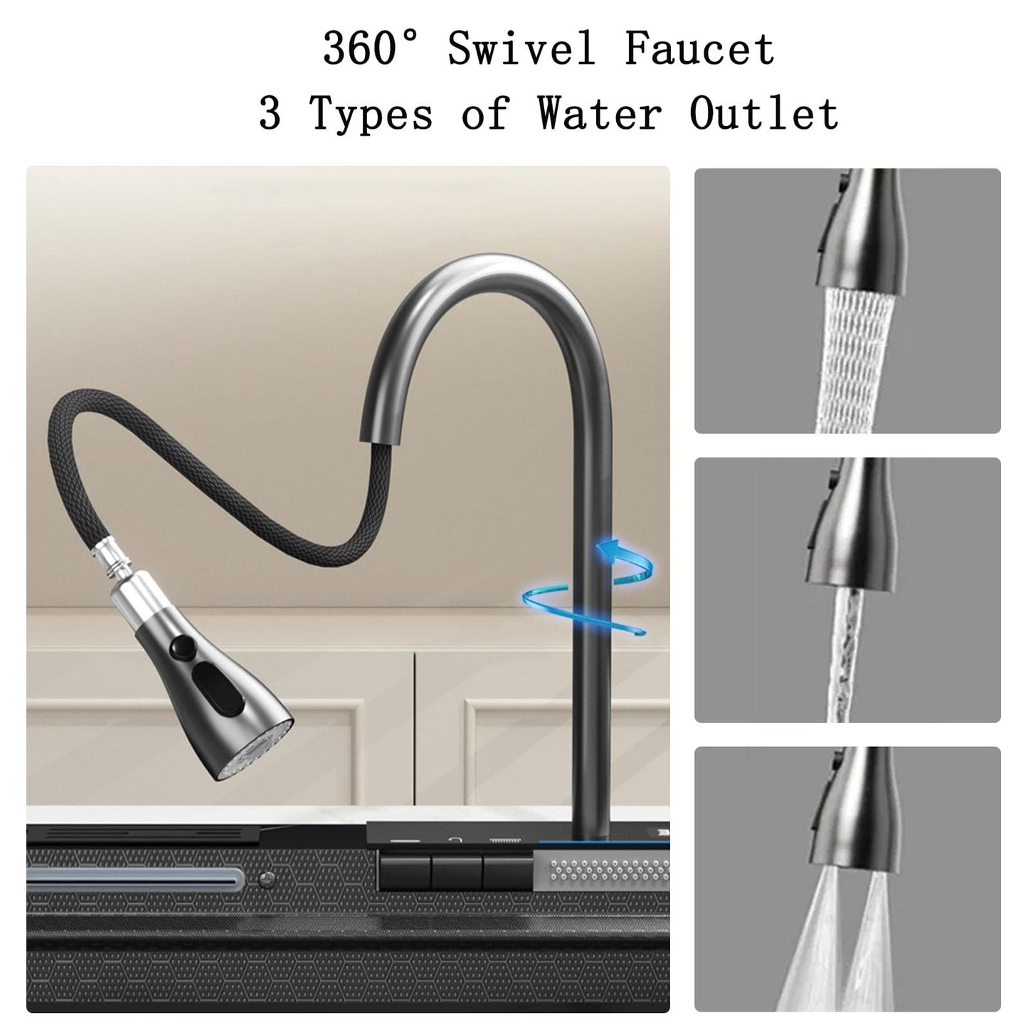 SDGRP Kitchen Sink 304 Stainless Steel Undermount Sink Drop in Single Bowl Kitchen Sinks, With Pull Down Sprayhead Faucet, With Pressurized Cup Washer and Two Waterfalls (31.5 x 18.1 inch)