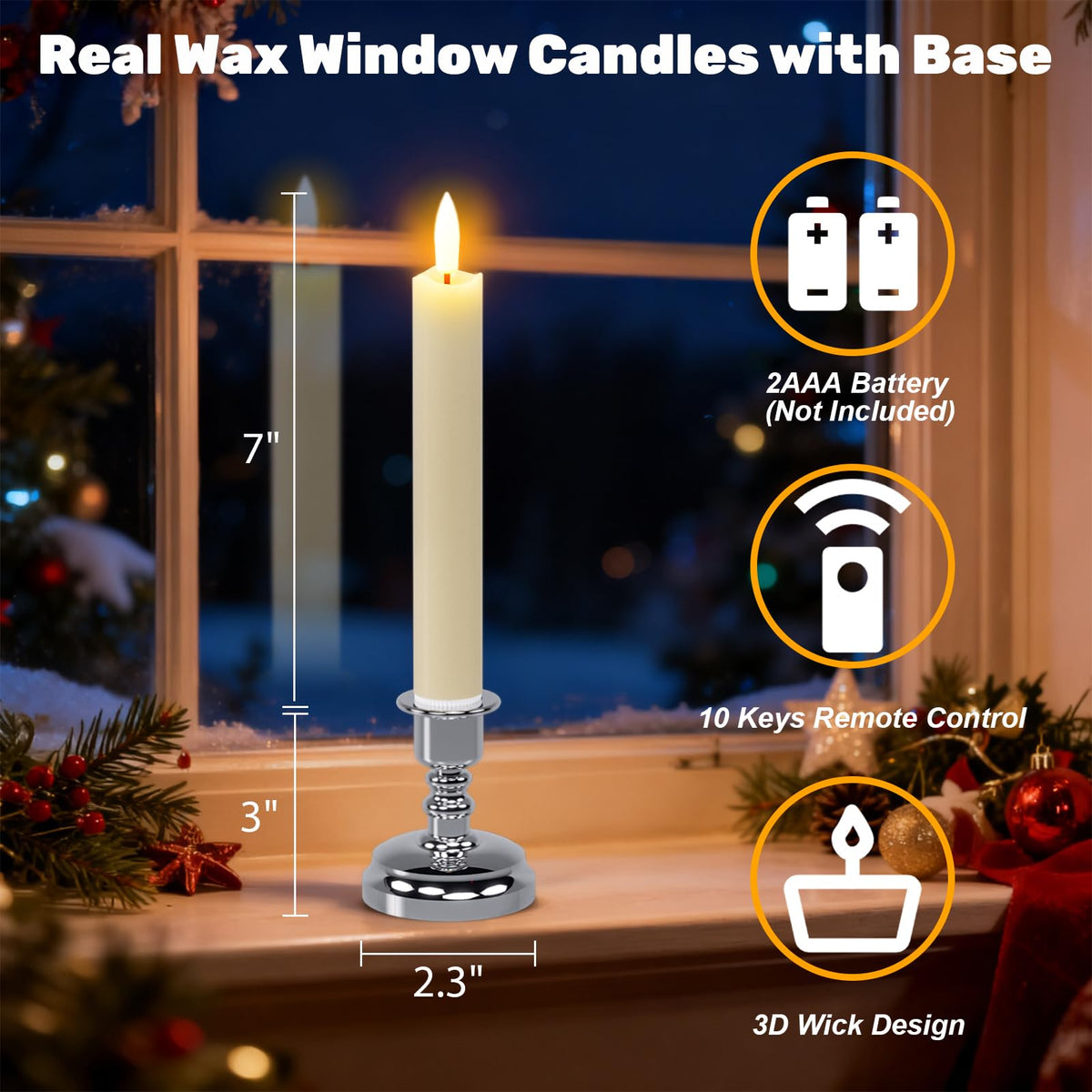Wondise Flameless Window Candles with Remote Timer, 7" Battery Operated 3D Wick Real Wax LED Flickering Taper Candles for Christmas Decoration, Removable Silver Holder and Suction Cups Included 4Pack