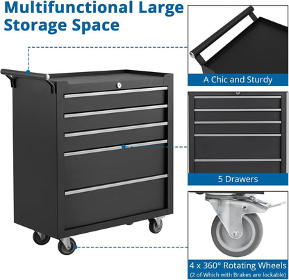 Rolling Tool Box with Wheels, 5 Drawer Tool Storage Cabinet, Portable Toolbox Organizer with Lock, Heavy Duty Tool Chest Cart for Garage, Mechanic, Workshop, Shop, Mobile Tool Organizer, Black