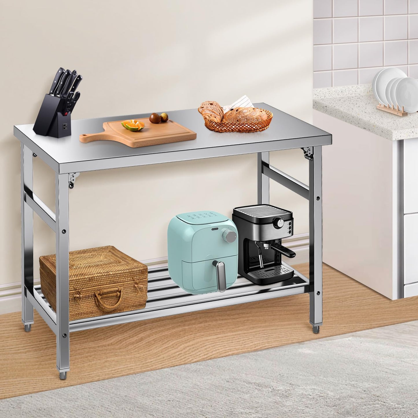 Mioleu Commercial Foldable Heavy Duty Stainless Steel Table, 48 x 24 Inches Metal Prep & Work Desk with Adjustable UnderShelf and Feet for Kitchen Restaurant Home Garage Warehouse