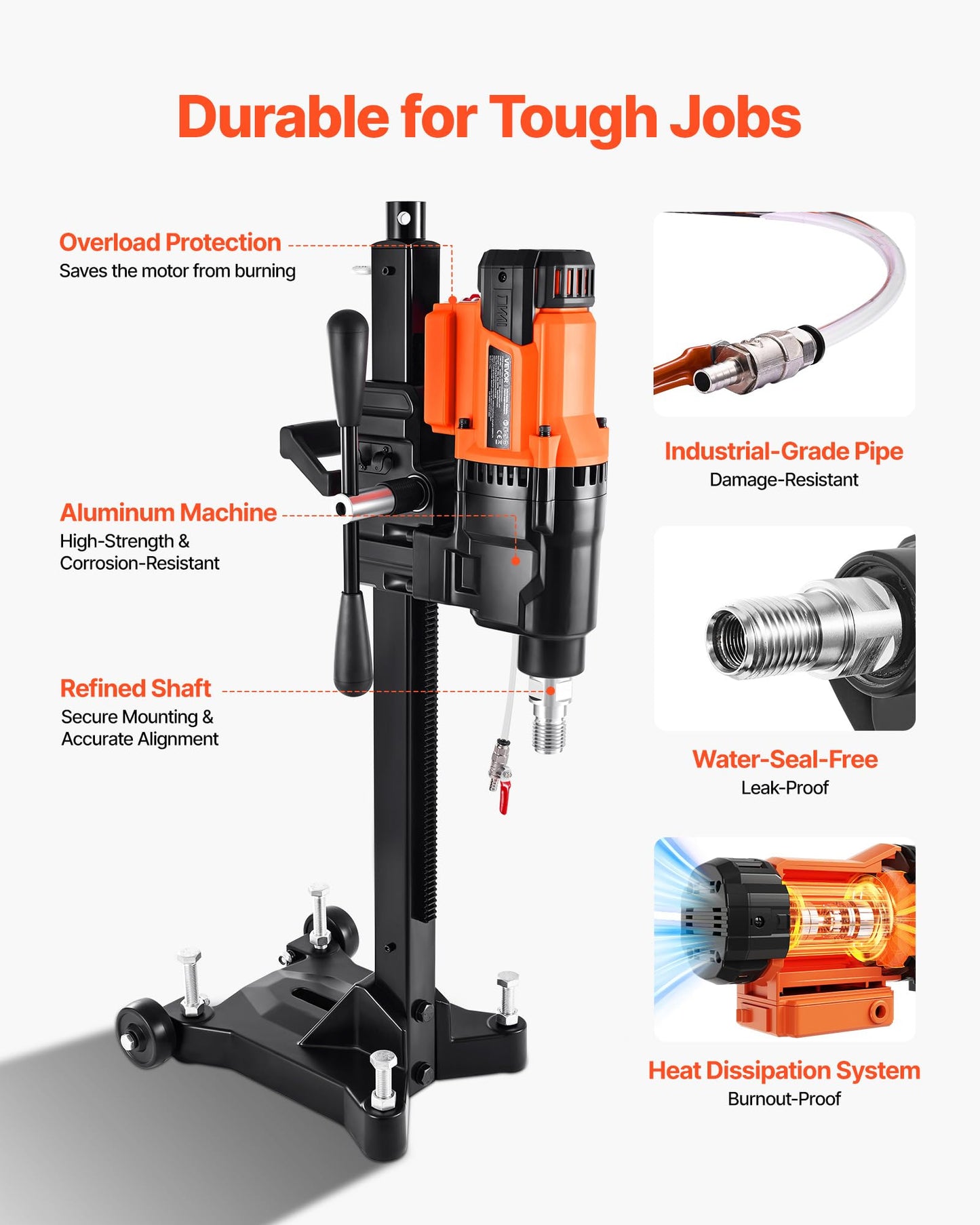 VEVOR Diamond Core Drilling Machine, 0.8-10 in Drilling Diameter, Stand-Mount Dry and Wet Concrete Core Drill Rig with 10 Bits, 470/800 RPM 2-Speed, UNC1 1/4-7 Thread, for Concrete Brick Stone, 2500W