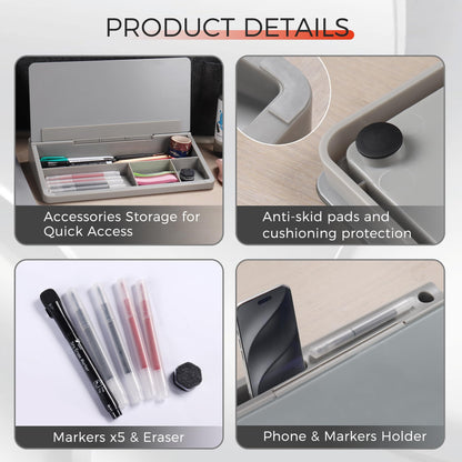 TOWON Small Compact Glass Desktop Whiteboard with Storage – 12 x 7 in Dry Erase Board for Desk, Home Office, School | Includes 5 Markers, Eraser & Holder | Space-Saving Organizer, Aesthetic Gray