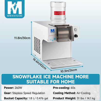 MWNYTUOH Snowflake Ice Machine,260W Shaved Ice Machine for Snowflake, Rapid Cooling, Food-Grade Stainless Steel Material, Snowflake Ice Maker for Kids/Homemade Ice Cream,Suitable for Party＆Homemade