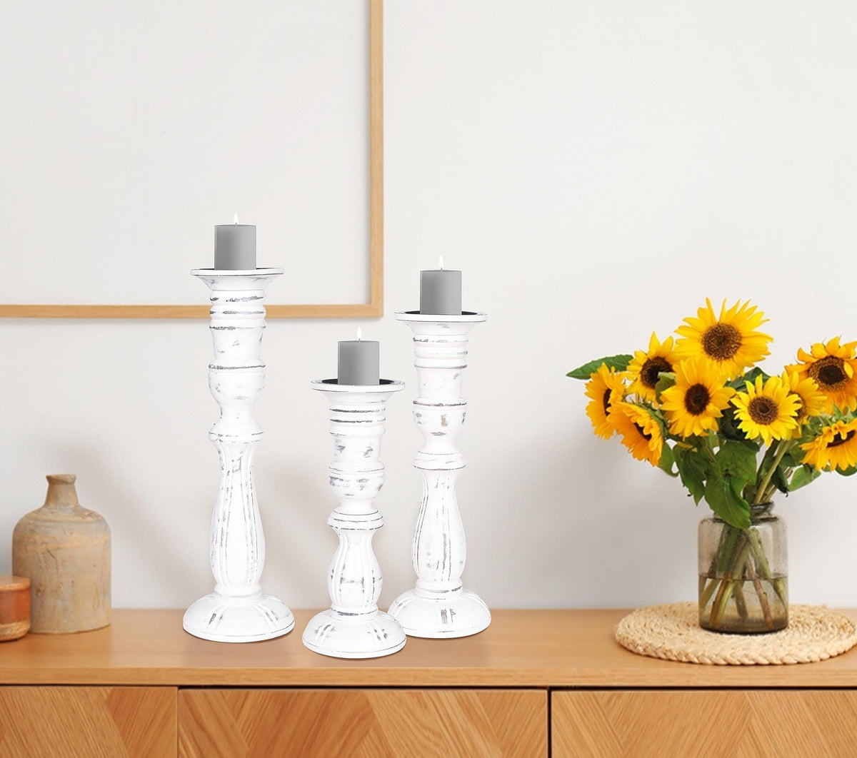 Wooden Candle Holder Set of 3, Tall White Wash Pillar Candle Holders, Rustic Farmhouse Decor, Brown Wooden Candle Stands for Home Decoration - 16, 14, 12 Inch Height