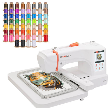 Poolin EOC07 Embroidery Machine Bundle with 60 Color 800m Polyester Thread, Built on Standard Accessories, 7.9x15 Large Embroidery Area