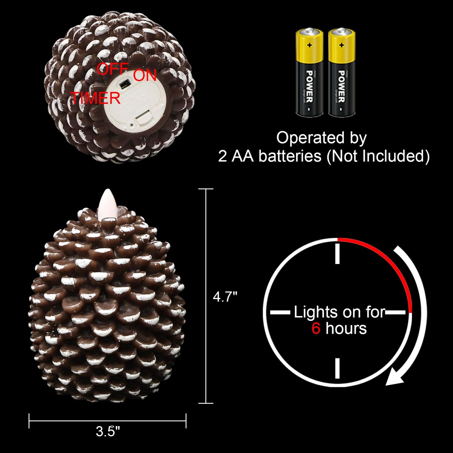 Wondise Flameless Candles with 6H Timer, Battery Operated Flickering Wick Real Wax Pine Cone Candles for Holiday Indoor Decoration, Set of 2, Brown(D3.5 x H4.7 Inch)