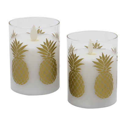 LumaBase Battery Operated LED Glass Candles with Flickering Flame, Pineapple - Set of 2