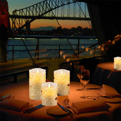 3 Pack Birch Bark Flameless Candle Set, 4" 5" 6" Flickering Battery Operated Candles with Remote Control, Electric Candle with Timer, Dancing Flames Real Wax LED Pillar Candles for Home Decor Party