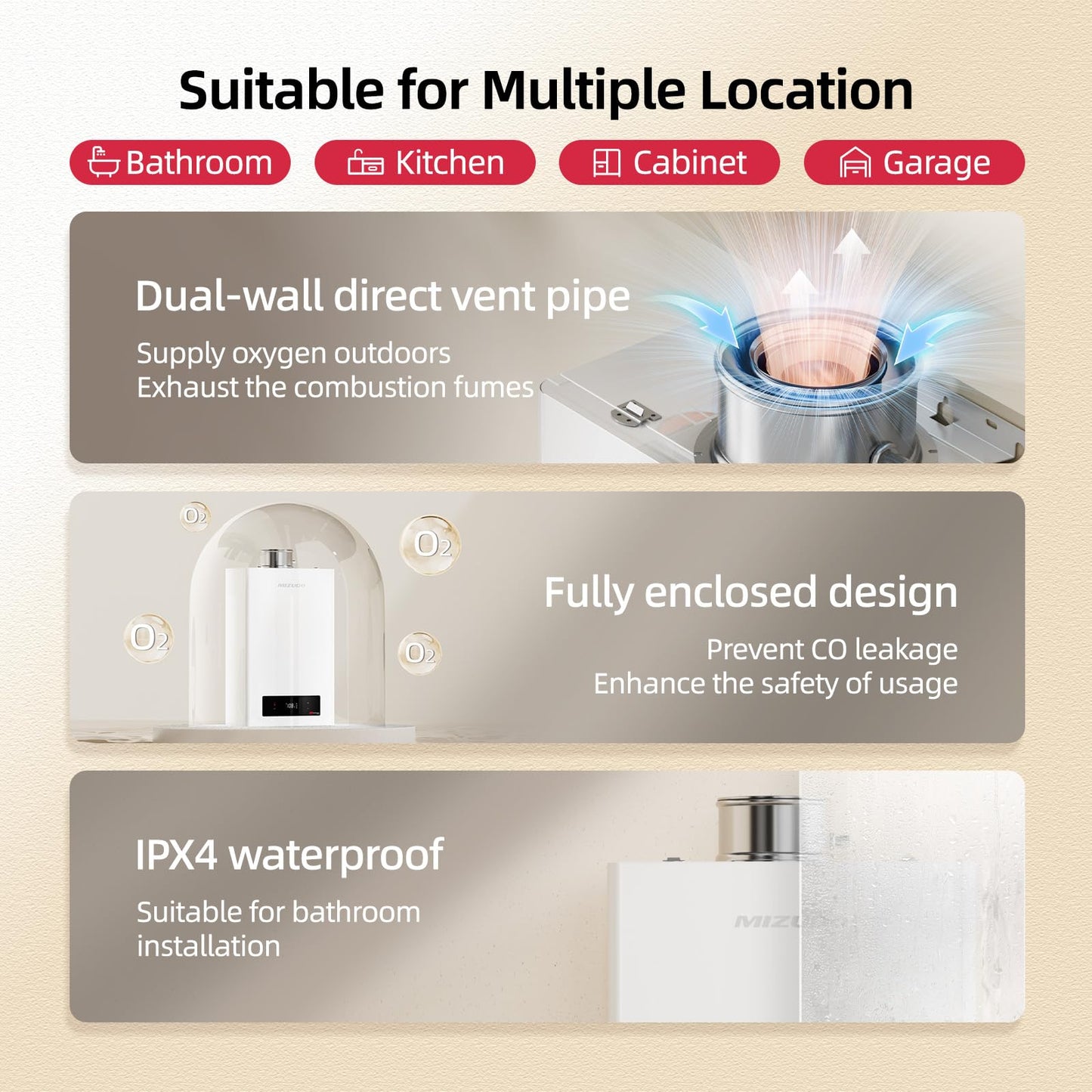 MIZUDO 180k Tankless Water Heater Propane Indoor Installation, Max 7.9 GPM, 180,000 BTU, WiFi&APP Control CSA Certified Non Condensing High Efficiency for Large Families Residential Whole House