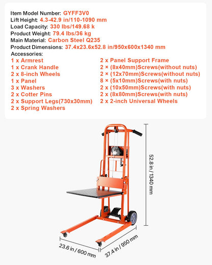 VEVOR Material Lift Winch Stacker, 330lbs Capacity Pallet Truck Dolly, 42.9in Max Lifting Height Manual Winch Stacker, Multifunctional Manual Pallet Truck Stacker with Swivel Casters and Lift Plate
