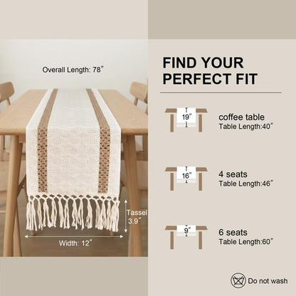 FEXIA Boho Table Runner for Hoilday Home Decor with Tassels 72 Inches Long Farmhouse Rustic Macrame Burlap Pottery barn Furniture Table Decoration for Living Room Kitchen (12x72 Inches)
