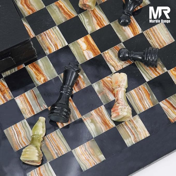 Marble Chess Set for Adults 15 Handmade Black &amp Green Onyx Board Game with 32 Chess Pieces 2 Extra Queens &amp Storage Box Luxury Travel Game – Elegant Home Décor