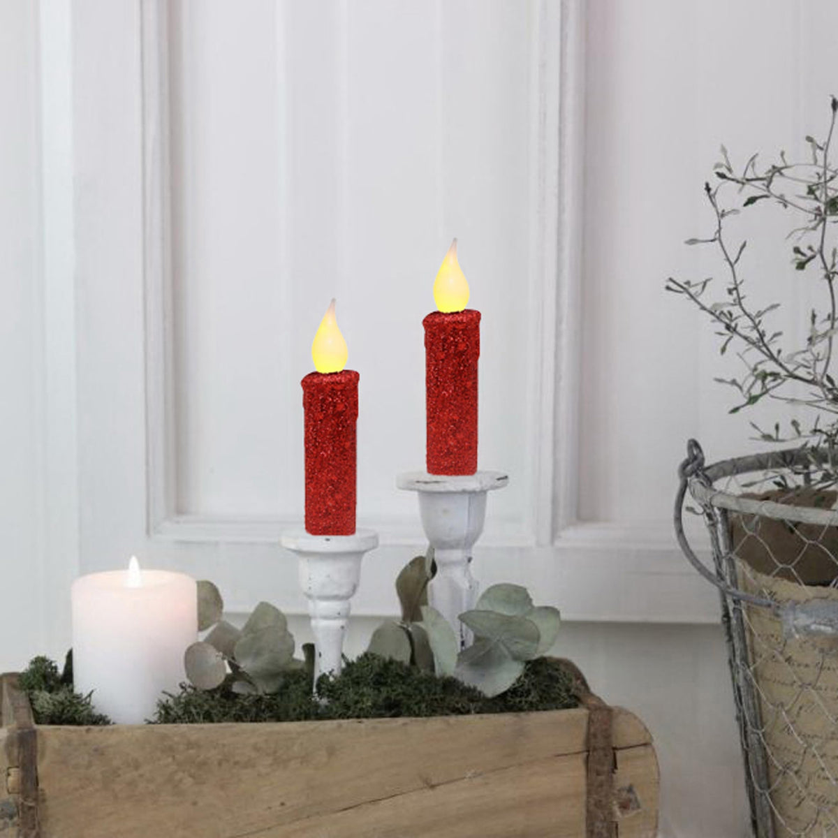 CVHOMEDECO. Glitter Flameless Candles Flickering Battery Operated LED Taper Candles with Timer for Home, Wedding, Halloween, Christmas Decor. Red, 4-3/4 Inch, Set of 2