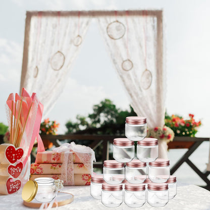 Tanlade 60 Pcs 3 oz Clear Plastic Jars with Lids Wide Mouth Mason Jars Mini Storage Containers Bulk for Herb Jelly Wedding Valentine Favors Shower Party Favors(Rose Gold)