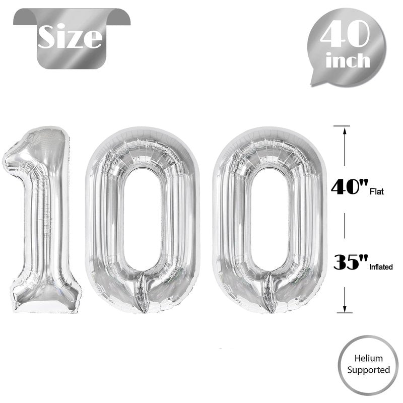 Silver Number 100 Balloon 40 inch, 100 Number Balloons, 100th Silver Birthday Decorations for Girls Boys Kids, 100 Year Old Women Men Party Supplies
