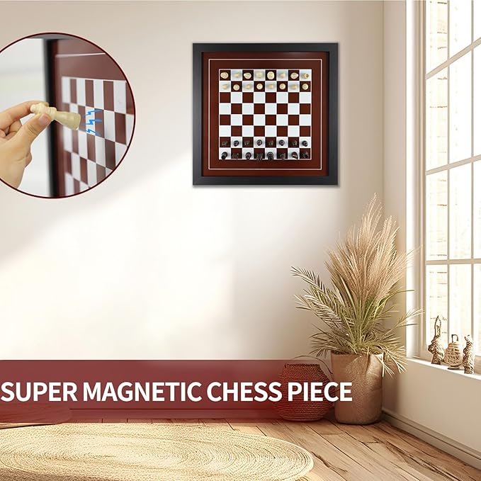 Wall Mounted Board Games Classic Checkers Game Strategy and Fun Games Art Decor for Home Checkers Board Game Magnetic Hanging Checkers and Chess Wooden Board Games (Checkers and Chess)