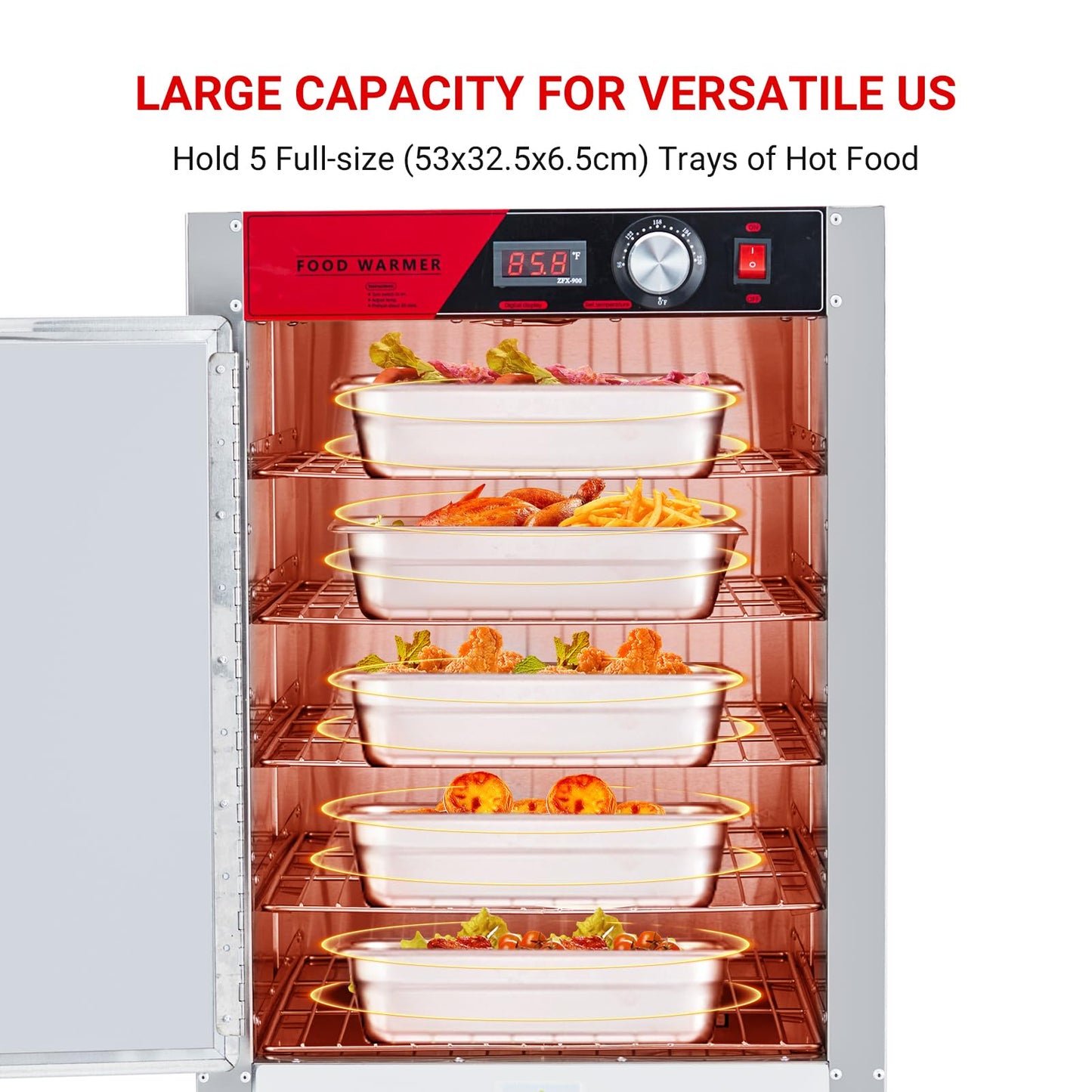 EliteEdge 5-Tier Hot Box Food Warmer 19"x23"x27", 850W Stainless Steel Heated Cabinet/Proofing Cabinet with Water Tray, Fits 1/1 Pans, Perfect for Pizza, Chicken, Patty, Pastry
