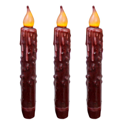 CVHOMEDECO. Real Wax Hand Dipped Battery Operated LED Timer Taper Candles Country Primitive Flameless Lights Décor, 6-3/4 Inch, Burgundy, 3 PCS in a Package