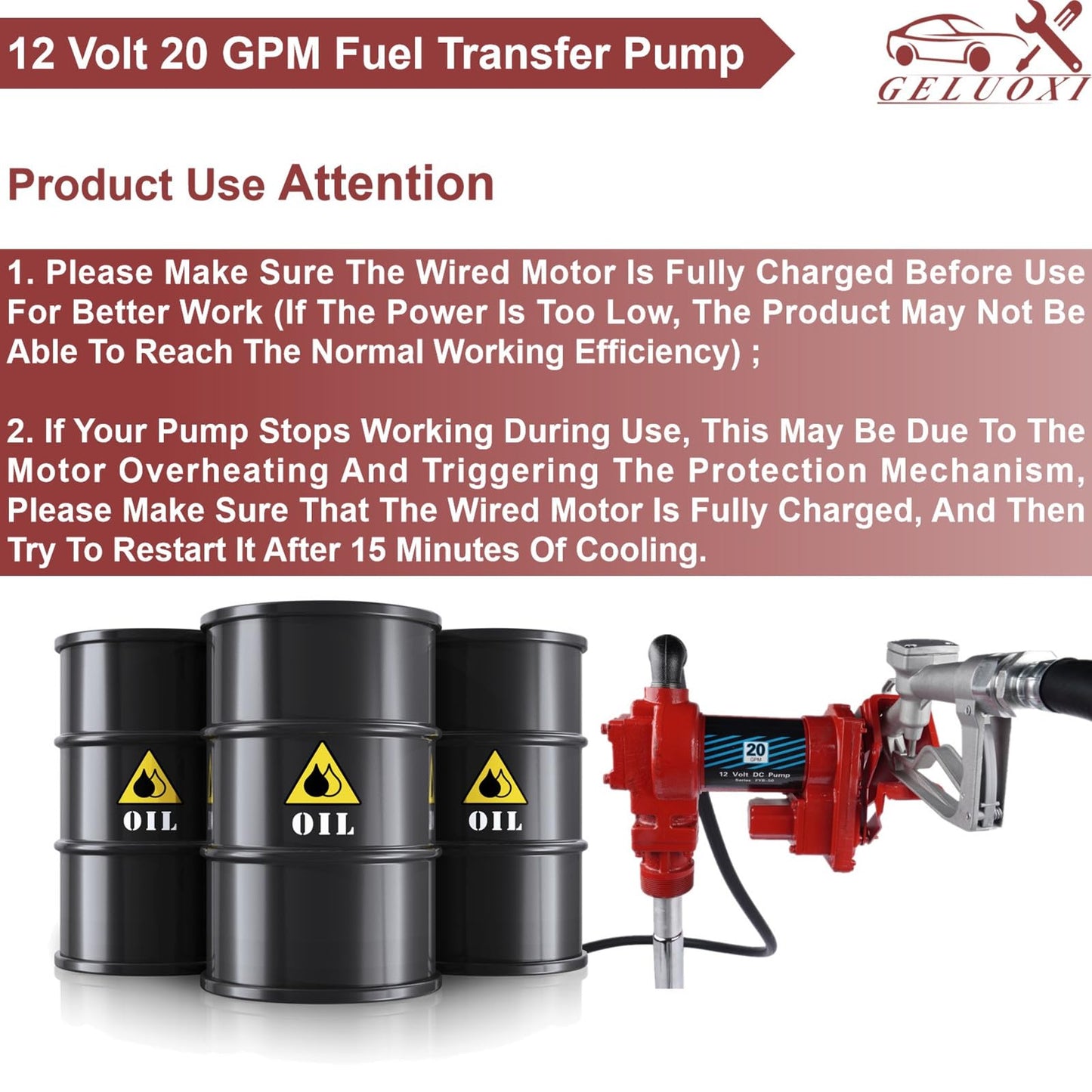Fuel Transfer Pump, 12 Volt 20 GPM, with Nozzle Kit for Transfer of Gasoline, Diesel, Kerosene, Ethanol & Methanol Blends & Biodiesel Red (Fuse Required More than 50Amp)