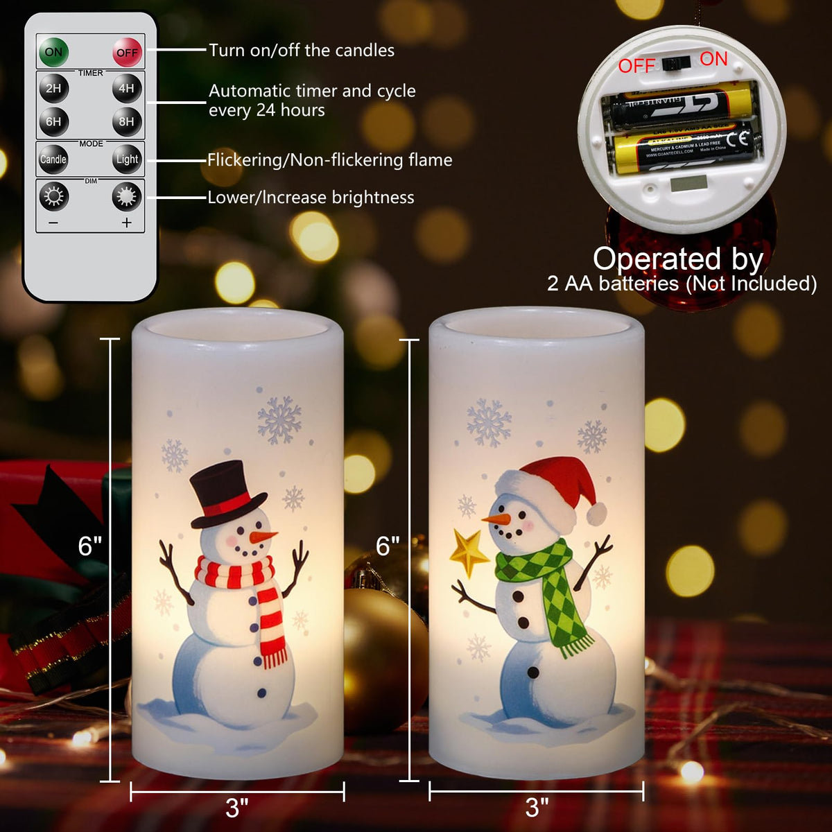 Eldnacele Christmas Snowman Flameless Candles Battery Operated with Remote and Timer Real Wax Flickering LED Pillar Candles Xmas Holiday Indoor Decor(2 Pack, 3" D x 6" H)
