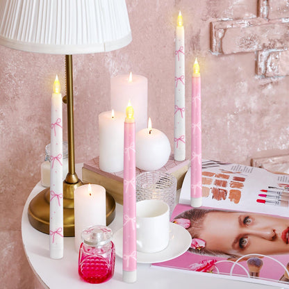 Conelist 6 Pcs Pink Bow Flameless Taper Candles 10.6 Inch Coquette LED Battery Operated Candles for Birthday Bridal Wedding Dinner Room Decor