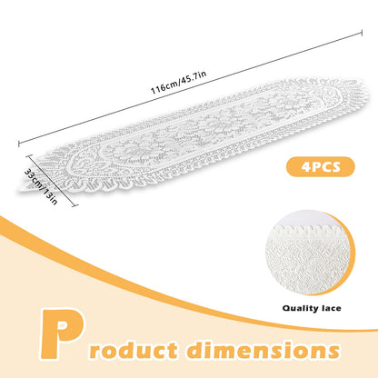 PCMURSAL 4 Pack Cotton Crochet Lace Rectangular Table Runner Dresser Scarf Doilies, 13'' X 44'' White Cotton Dresser Scarf Table Runner for Bedroom Furniture, Home Decor