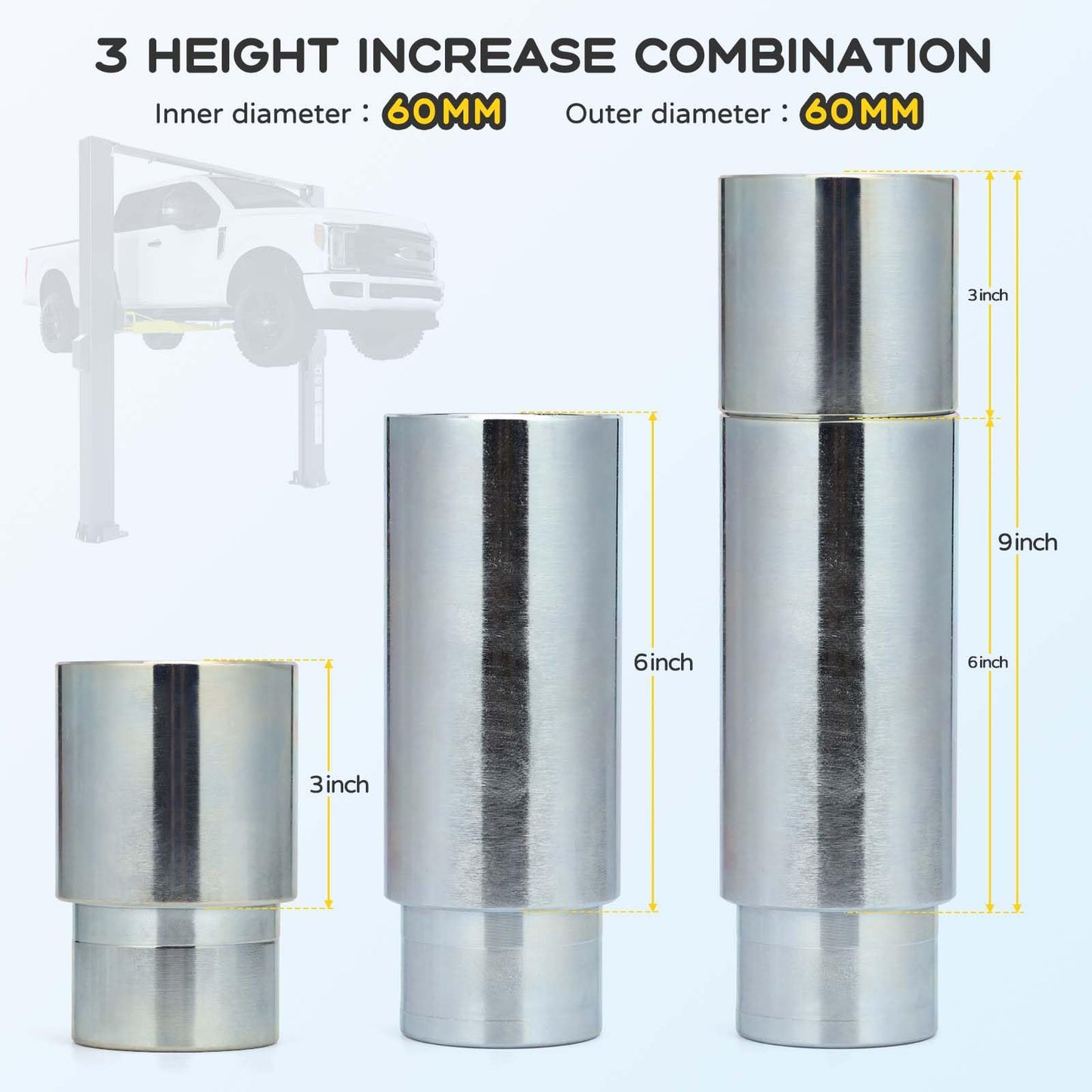 Atesilor 4pcs Upgraded 60mm Lift Adapter with Limit Slot, 6 Inch Extension Stack Truck Adapter for 2 Post Car Lift Bridge Jack, Fit for Challenger 2 Post Lift