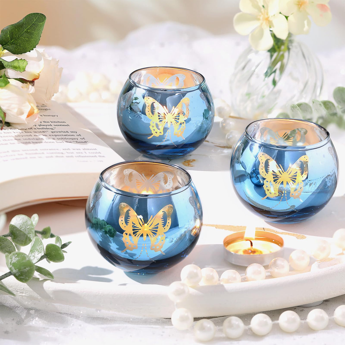 Blue Votive Candle Holders Set, 12 PCS Tea Lights Candle Holder Decorative Bulk with Butterfly Pattern, Candle Holders for Wedding, Blue Bridal Shower, Parties, and Holiday Decorations