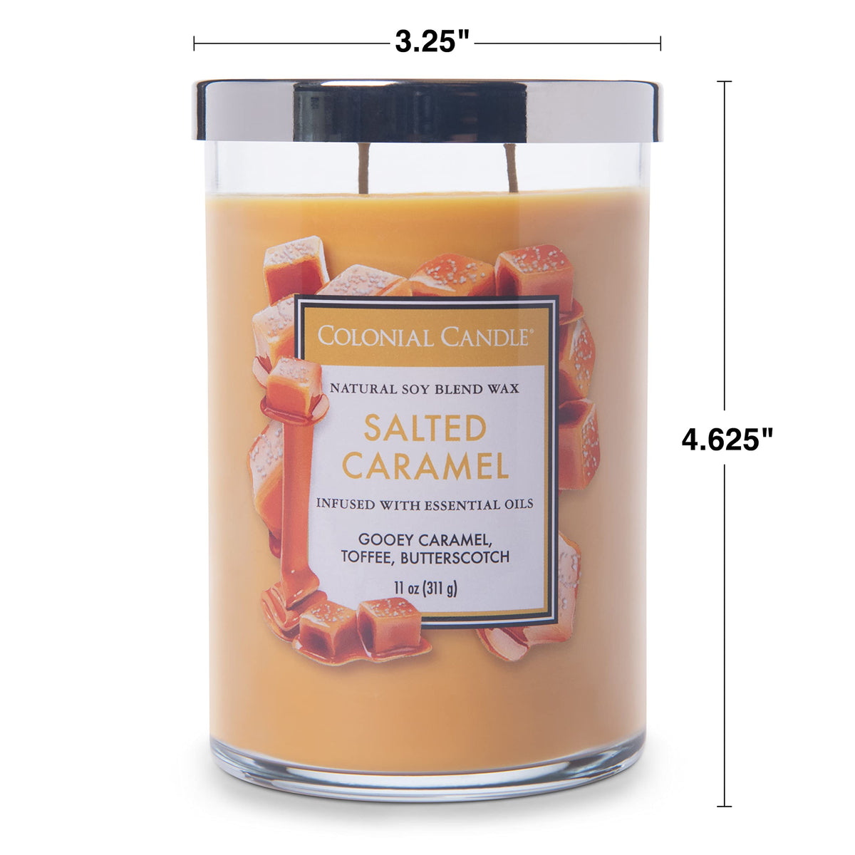 Colonial Candle Salted Caramel Scented Jar Candle, Classic Cylinders Collection, 2 Wick, Yellow, 11 oz - Up to 80 Hours Burn