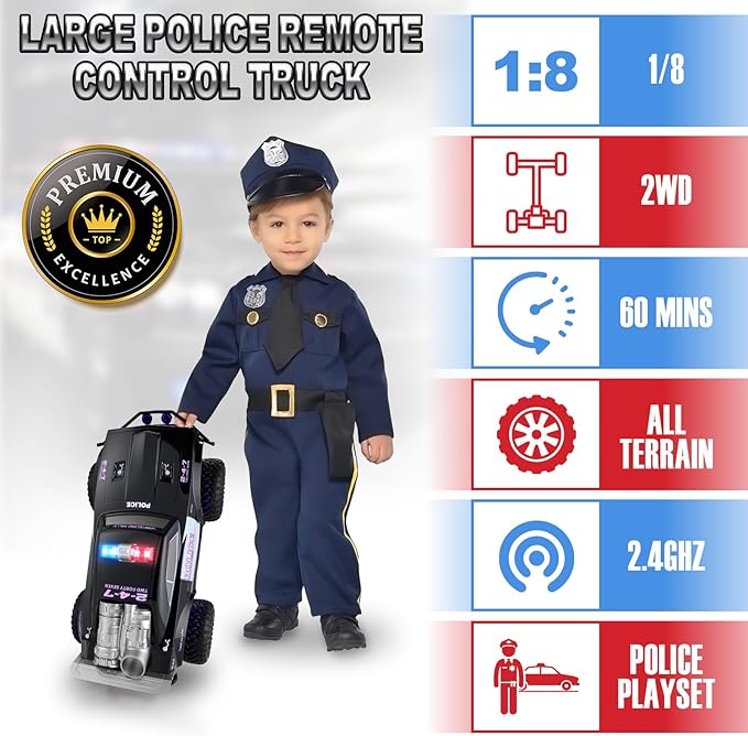 Carox Large Remote Control Police Car Toy with Lights and Sirens for Boys 1:8 Cop Car with Three Rechargeable Battery Durable RC Police Truck for Kids 4 Years and Up A Surprising