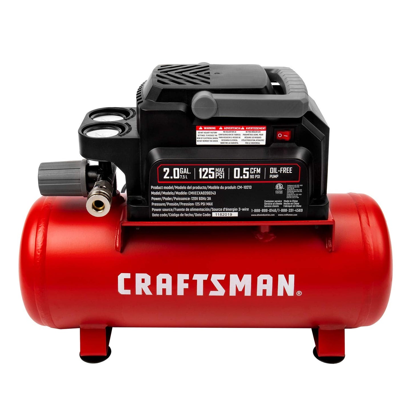 Craftsman Air Tools, 2 Gallon Portable Air Compressor 1/3 HP Oil-Free Max 125 PSI Pressure, Hot Dog, Model: CMXECXA0200243