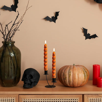 Girimax Orange Pumpkin Halloween Flameless Taper Candles with Remote, Flickering Spooky LED Wax Candlesticks Battery Operated, Set of 2