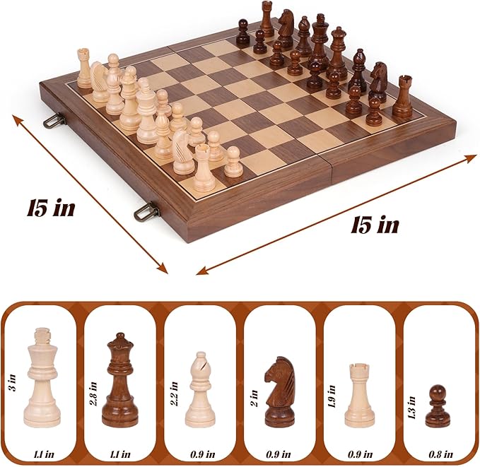 15 Inch Magnetic Wooden Chess Set with Storage Folding Chess Board Game with Strong Magnets Tournament Size 3 Inch King 2 Extra Queens Portable Travel Chess Set for Adults &amp Kids