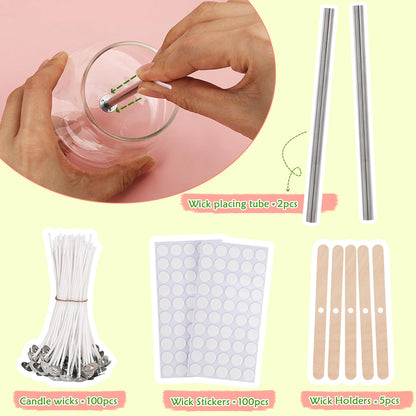 200pcs Natural Candle Wick kit,100pcs Wick Stickers with 5pcs Wick Holders and 2pcs Wick Placing Tube，for Soy Wax, Beeswax, Coconut Wax - DIY Candle Making Supplies for Beginners & Professionals