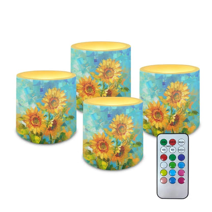Cozeyat Sunflower Weather Resistant LED Candles 4 Pack Battery Operated Flameless Pillar Candles with Remote Control Timer for Home Patio Indoor Outdoor