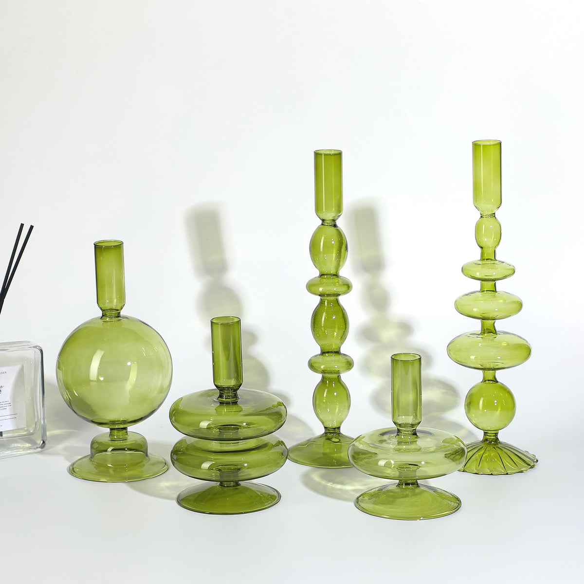 Rtteri 5 Pcs Glass Candlestick Holders Colorful Glass Taper Candle Stand Groovy Candlestick Wavy Boho Chic Clear Bases Holders Elegant Vase for Home Party Centerpiece(Green)