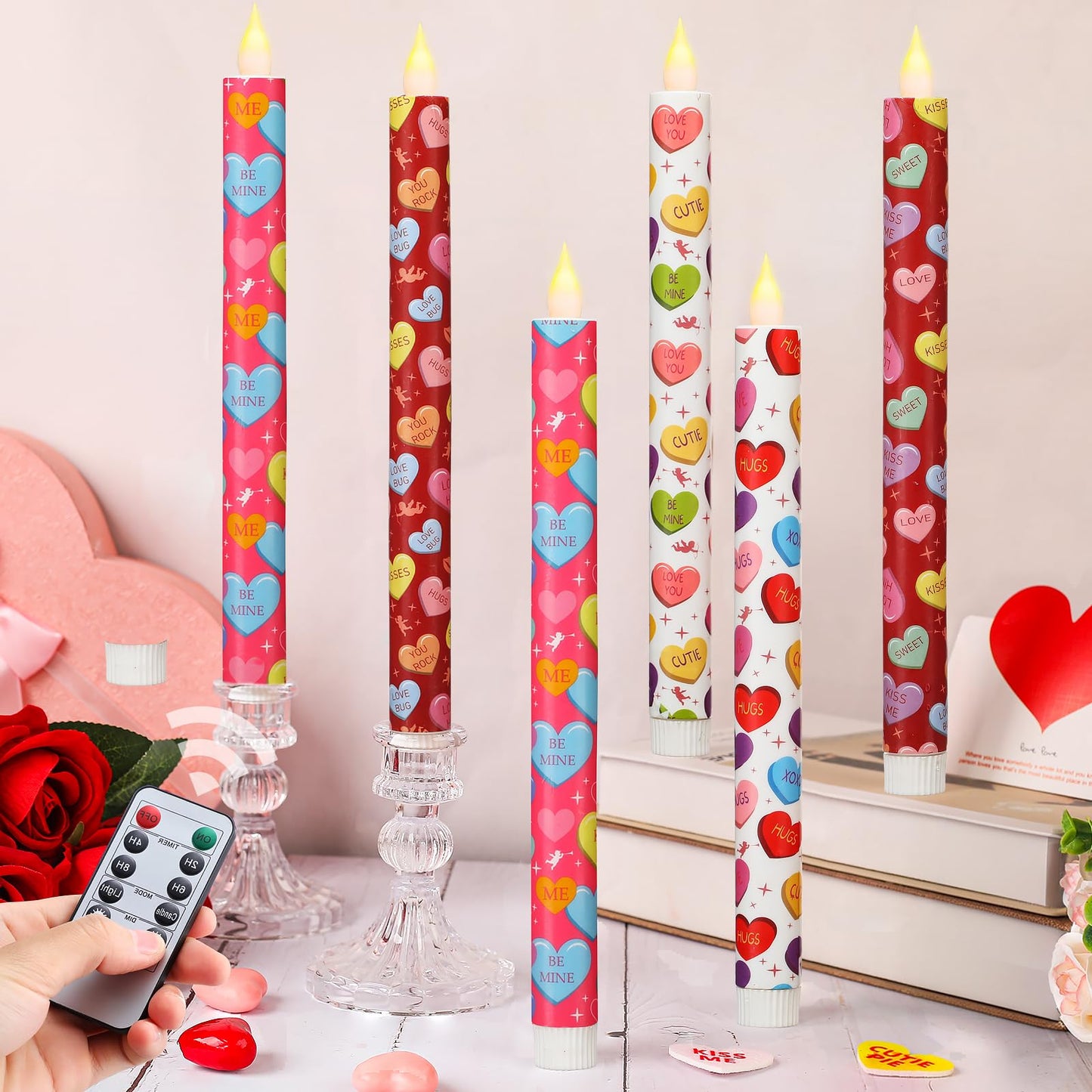 LCZLUMIPRO Valentine Taper Candles, 6 Pcs 10.6 Inch Flameless LED Candlesticks with Remote & Timer, Battery Operated Conversation Heart Decor for Valentine‘s Day Dinner Anniversary Wedding Table Decor