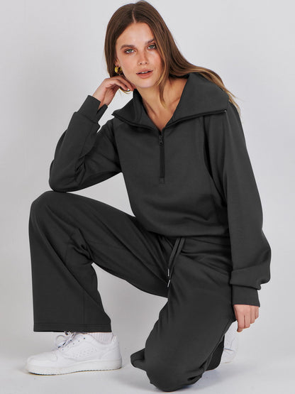 ANRABESS Women 2 Piece Outfits 2025 Fall Fashion Airport Wide Leg Pants Lounge Set Leisure Travel Vacation Clothes Sweatsuits Black X-Small